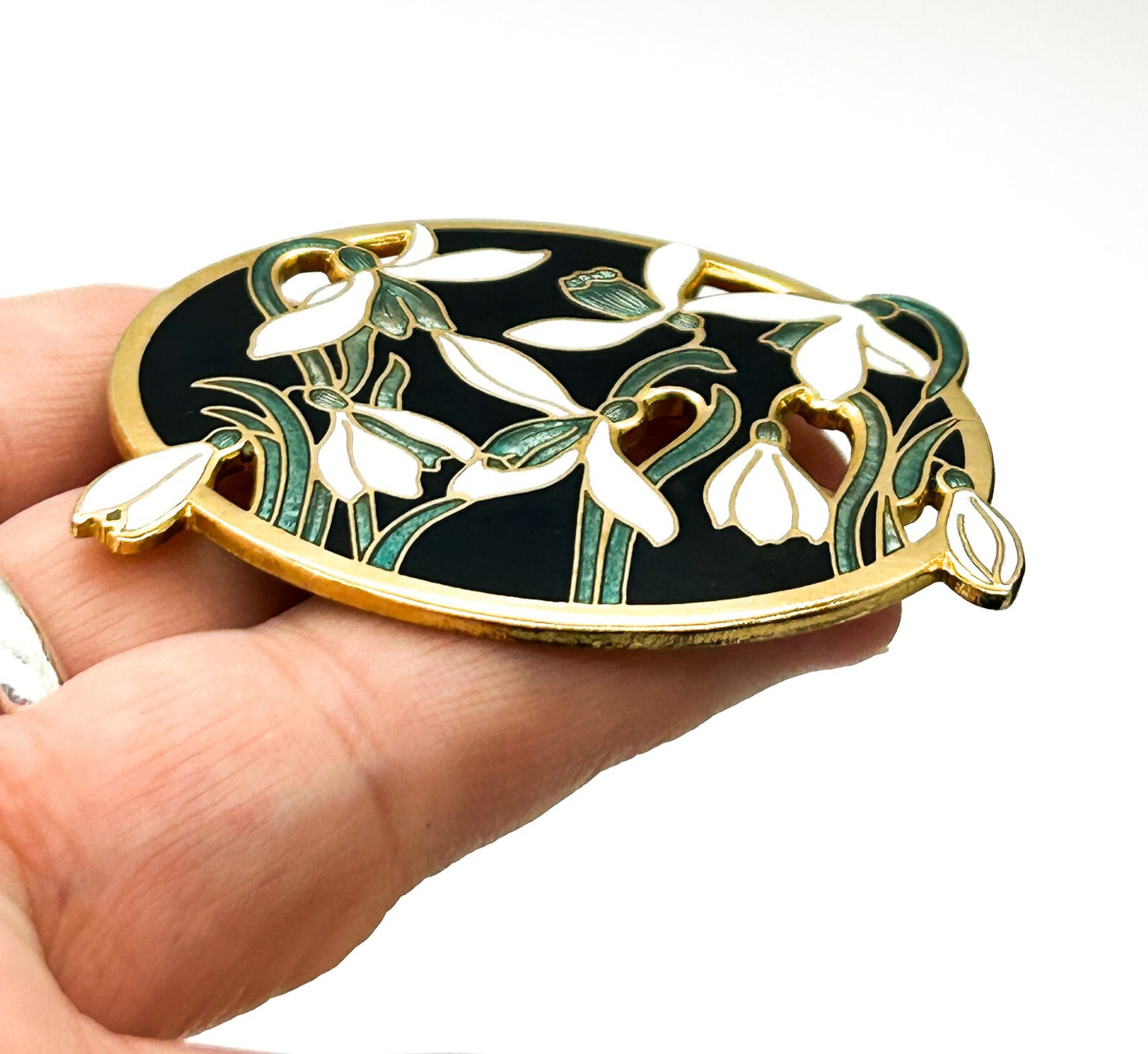 Vintage Fish & Crown Cloisonné Enamel White Floral Snowdrop Brooch Gold Tone Pin