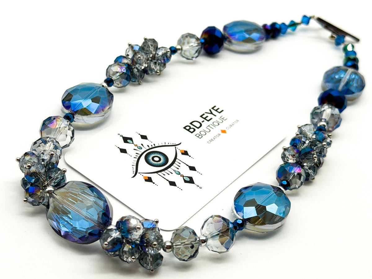 Midnight Blue Crystal Necklace AB Faceted Oval Beads Cha Cha Cluster Necklace