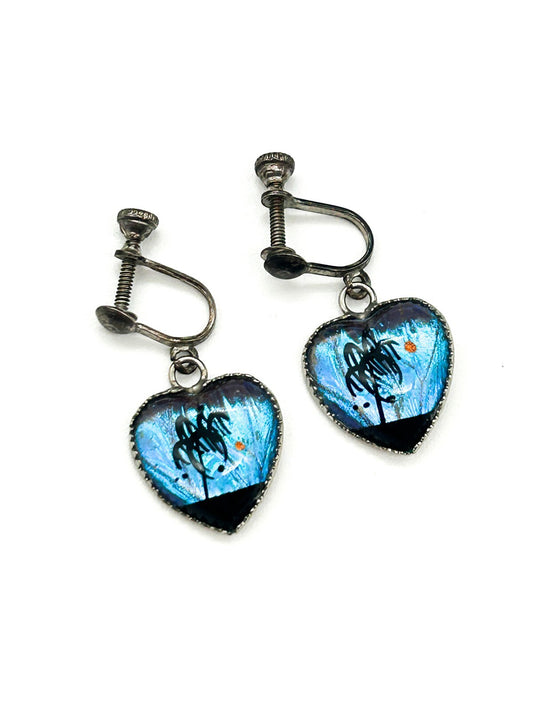 Vintage Sterling Silver Morpho Butterfly Wing Heart Screw Back Earrings Tropical