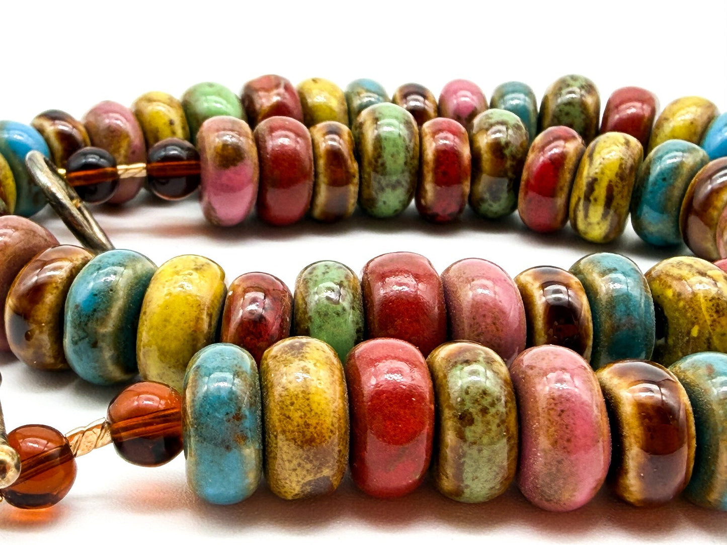 Multicolour Glazed Ceramic Disc Necklace Artisan Boho Statement Toggle Earthy