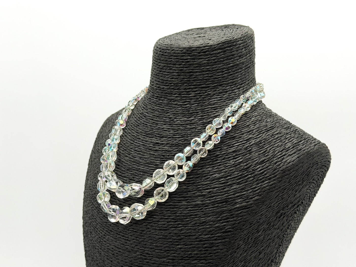Vintage Aurora Borealis Crystal Glass Double Strand Necklace Rhinestone Clasp