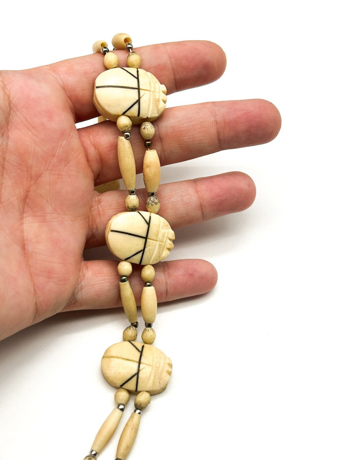 Vintage Carved Scarab Necklace Organic Material Egyptian Revival Beaded 21”