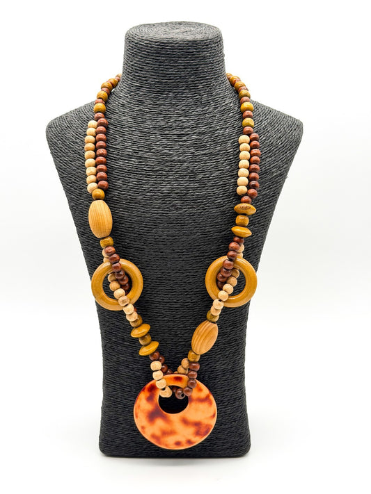 Boho Wood & Resin Statement Necklace Large Disc Pendant Natural Wooden Beads