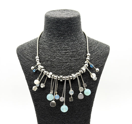Atomic Statement Necklace Silver Tone Blue Rhinestone Opalite Fringe Modernist