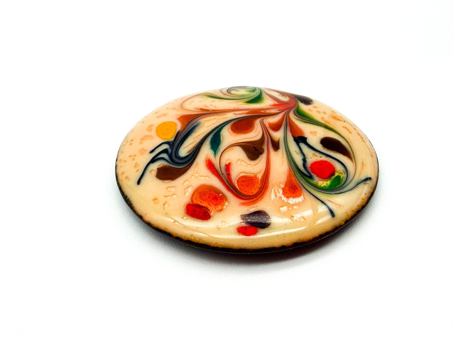 Vintage Enamel Ceramic Brooch Abstract Floral Swirl Round Statement Pin