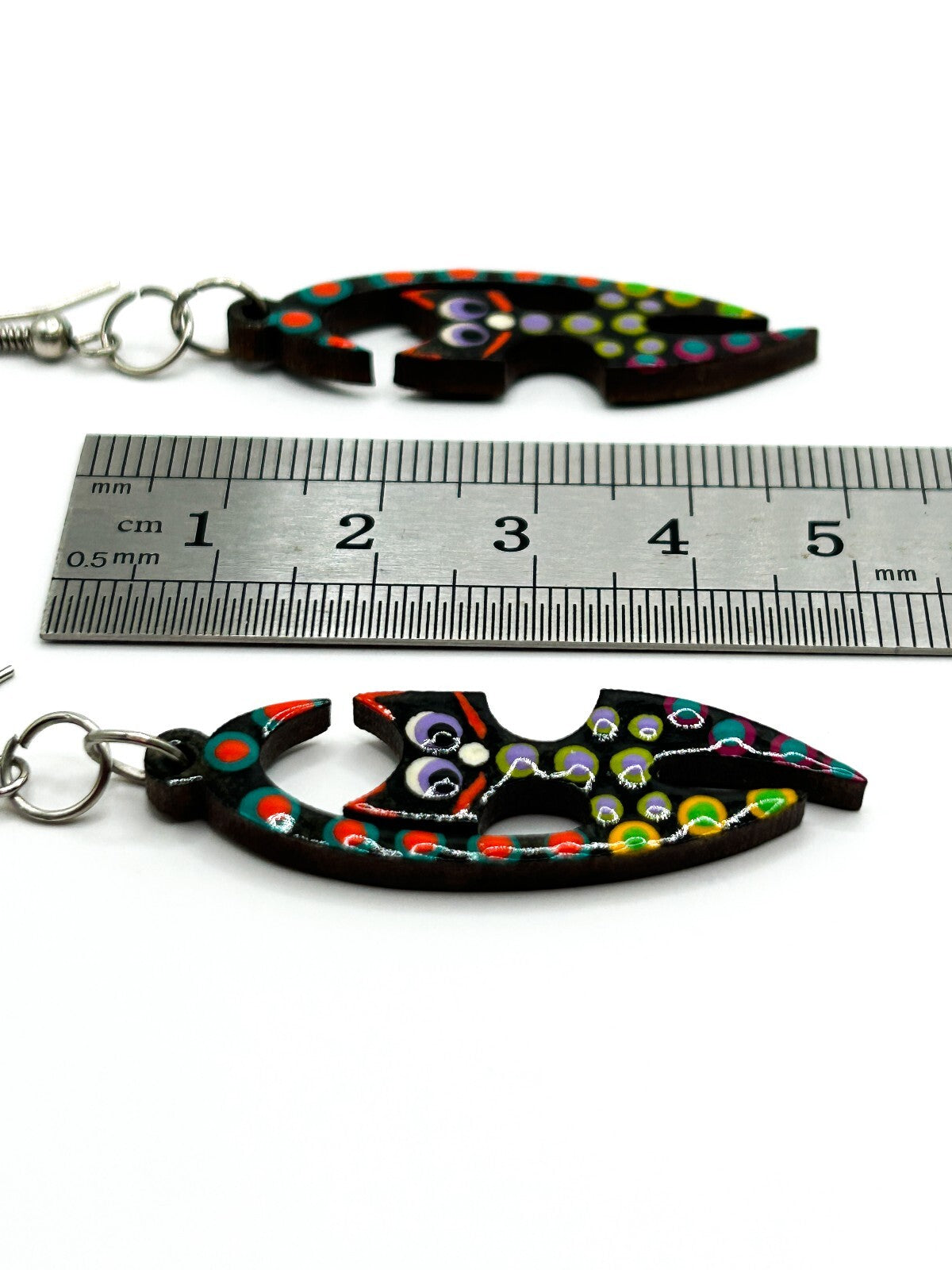 Hand Painted Wooden Cat Earrings Colourful Folk Art Dangle Quirky Felines