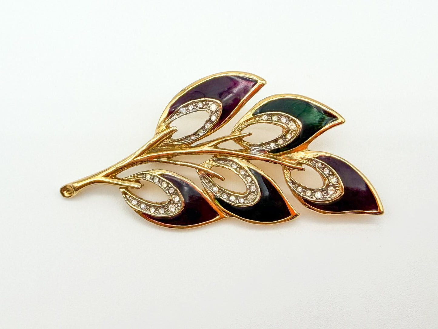 Gold Tone Purple Green Enamel Floral Spray Brooch Rhinestone Leaf Pin