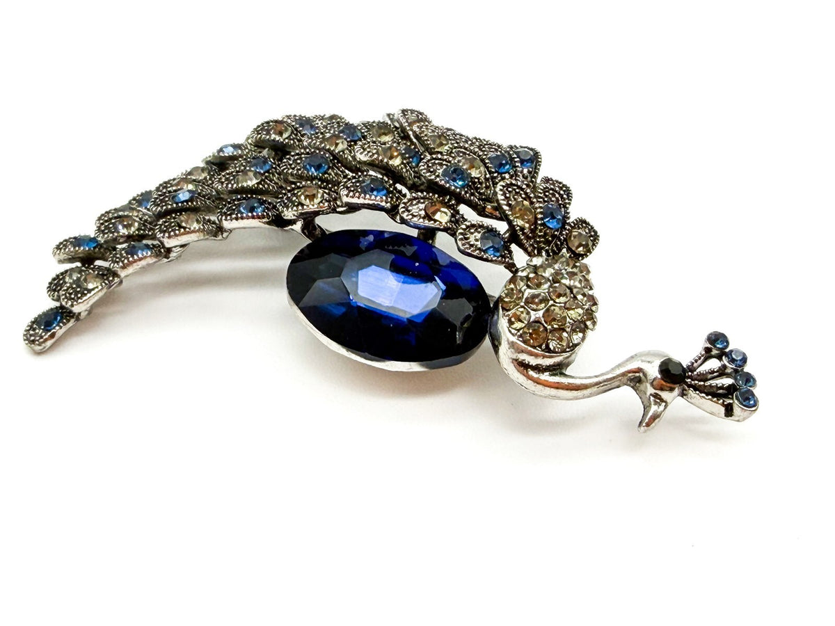 Peacock Rhinestone Brooch Blue Faceted Glass Bird Pin Silver Tone Statement