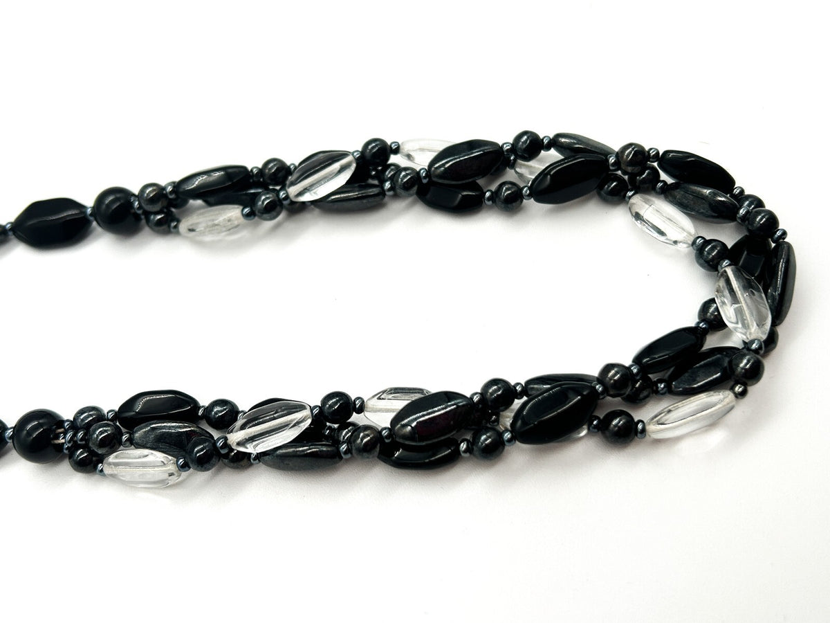 Vintage Black Clear Glass Triple Strand Twist Necklace Statement Beaded 26.5”