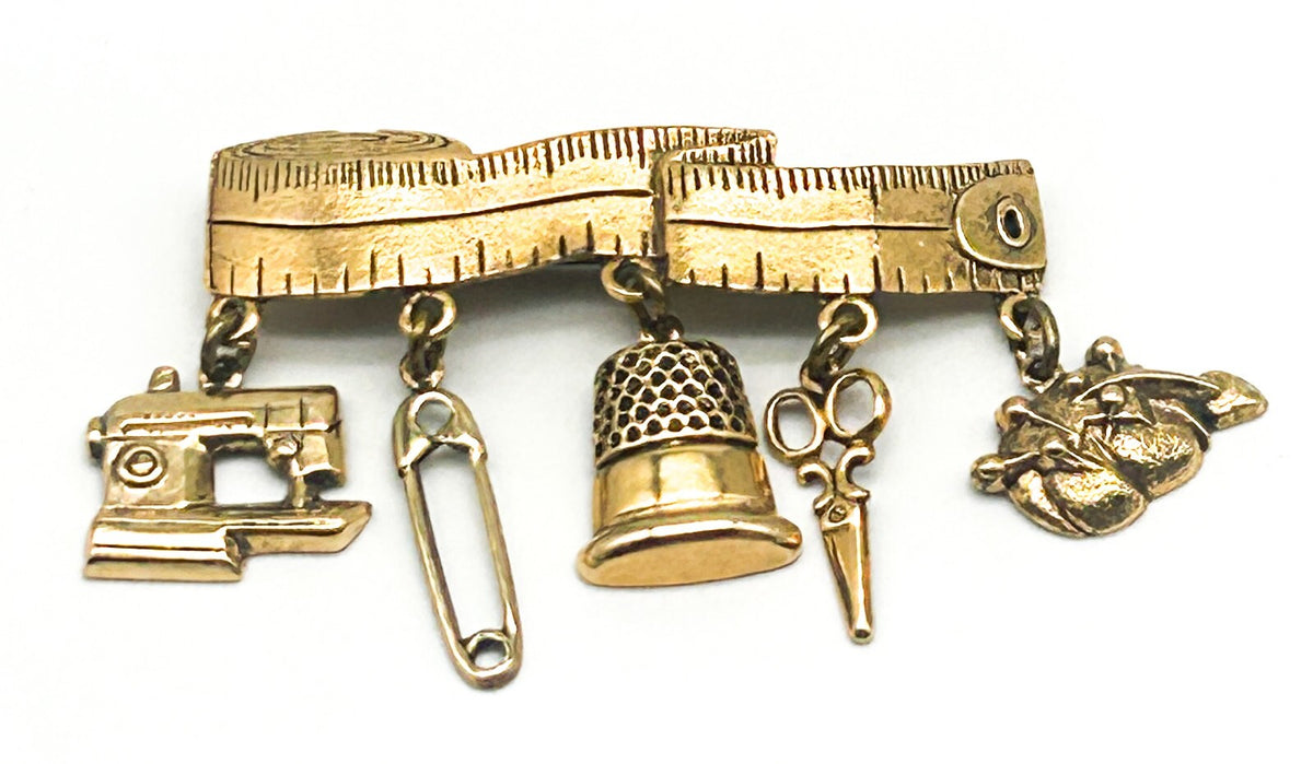 Vintage Gold Tone Sewing Tape Measure Charm Bar Brooch Sewing Machine Scissors