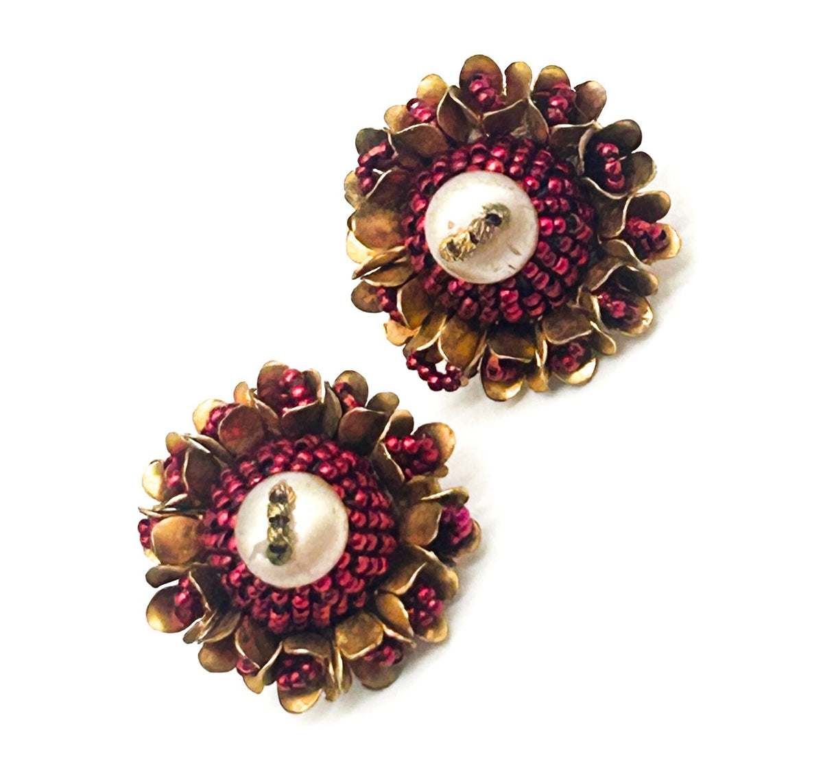 Vintage Cranberry Red Seed Bead Faux Pearl Demi Parure Brooch & Clip On Earrings