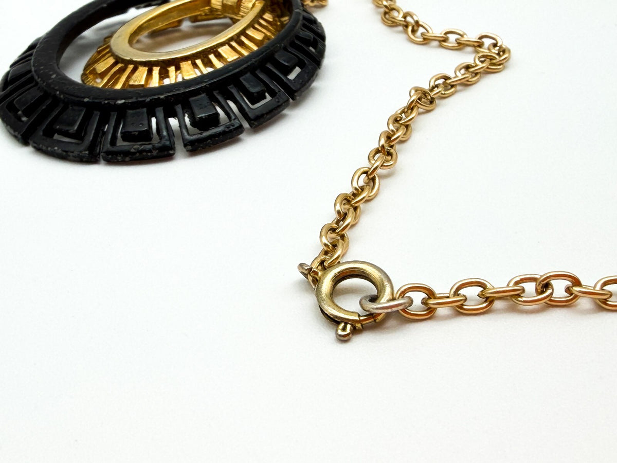 Vintage Black Gold Tone Greek Key Statement Necklace Oval Pendant 17” Geometric