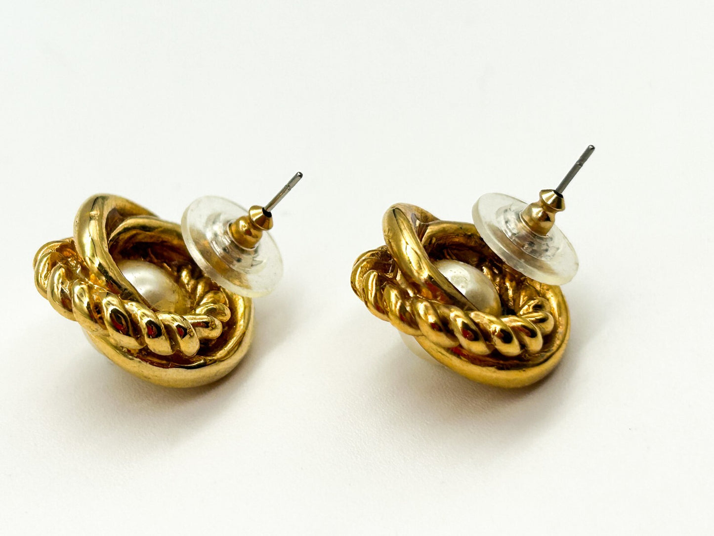 Vintage Gold Tone Faux Pearl Knot Stud Earrings Rope Effect Statement Posts