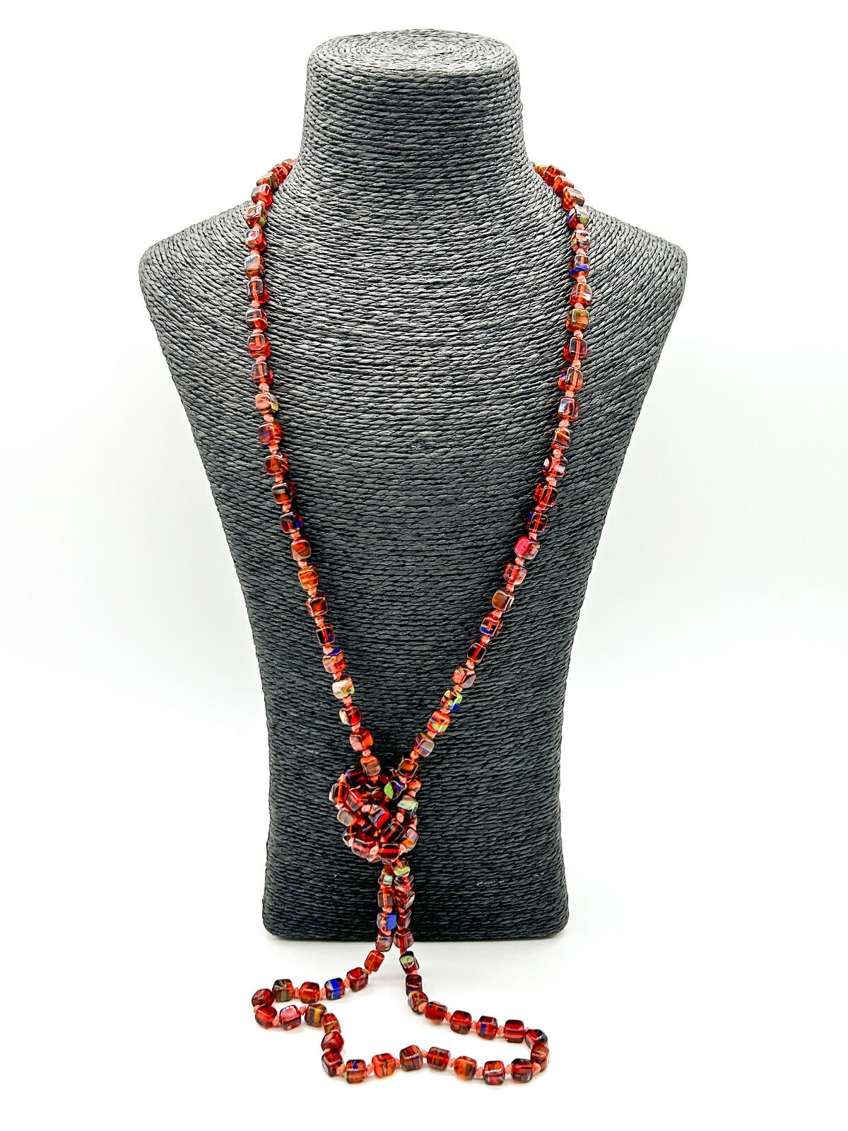 Vintage Orange Czech Art Glass Hand Knotted Necklace Blue Green Spatter Cubes