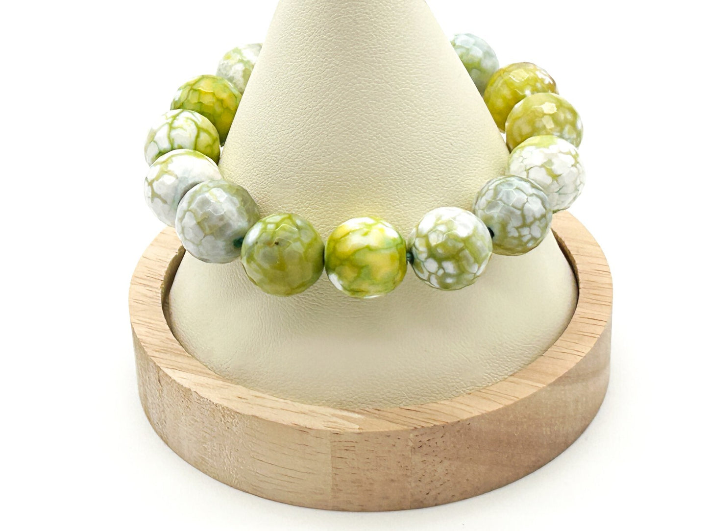 Lime Green White Crackle Agate Stretch Bracelet Faceted Gemstone Bead Summer