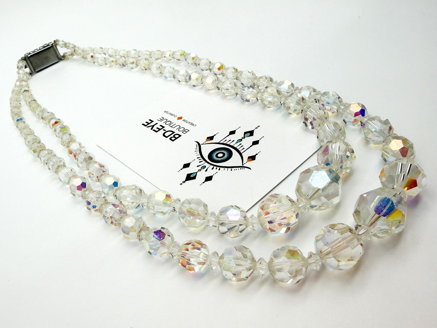 Vintage Aurora Borealis Crystal Necklace 2 Strand AB Glass Rhinestone Clasp 19"