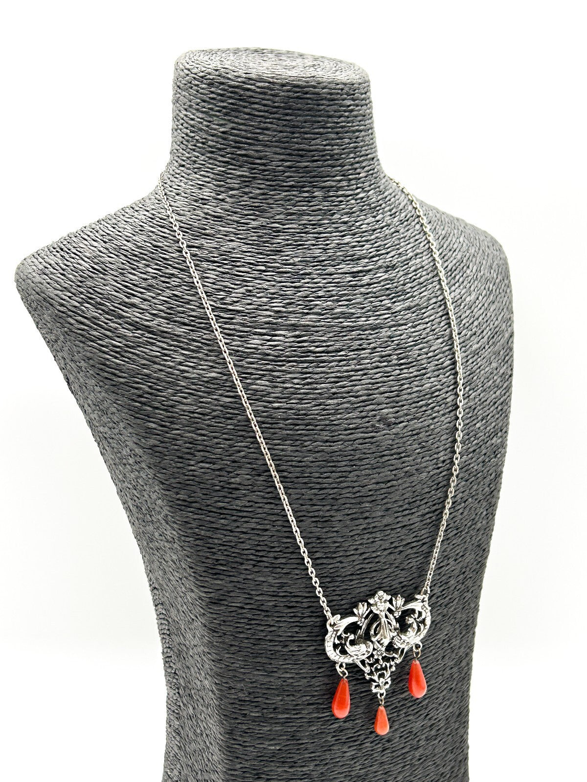 Vintage Art Nouveau Style Pendant Necklace Silver Tone Orange Glass Drops