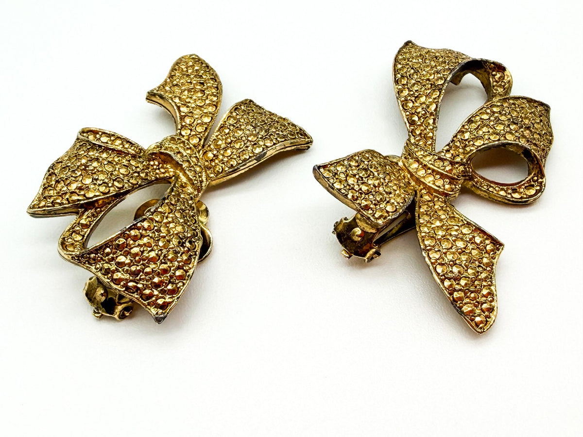 Vintage Gold Tone Bow Clip On Earrings Textured Statement 1980s Style