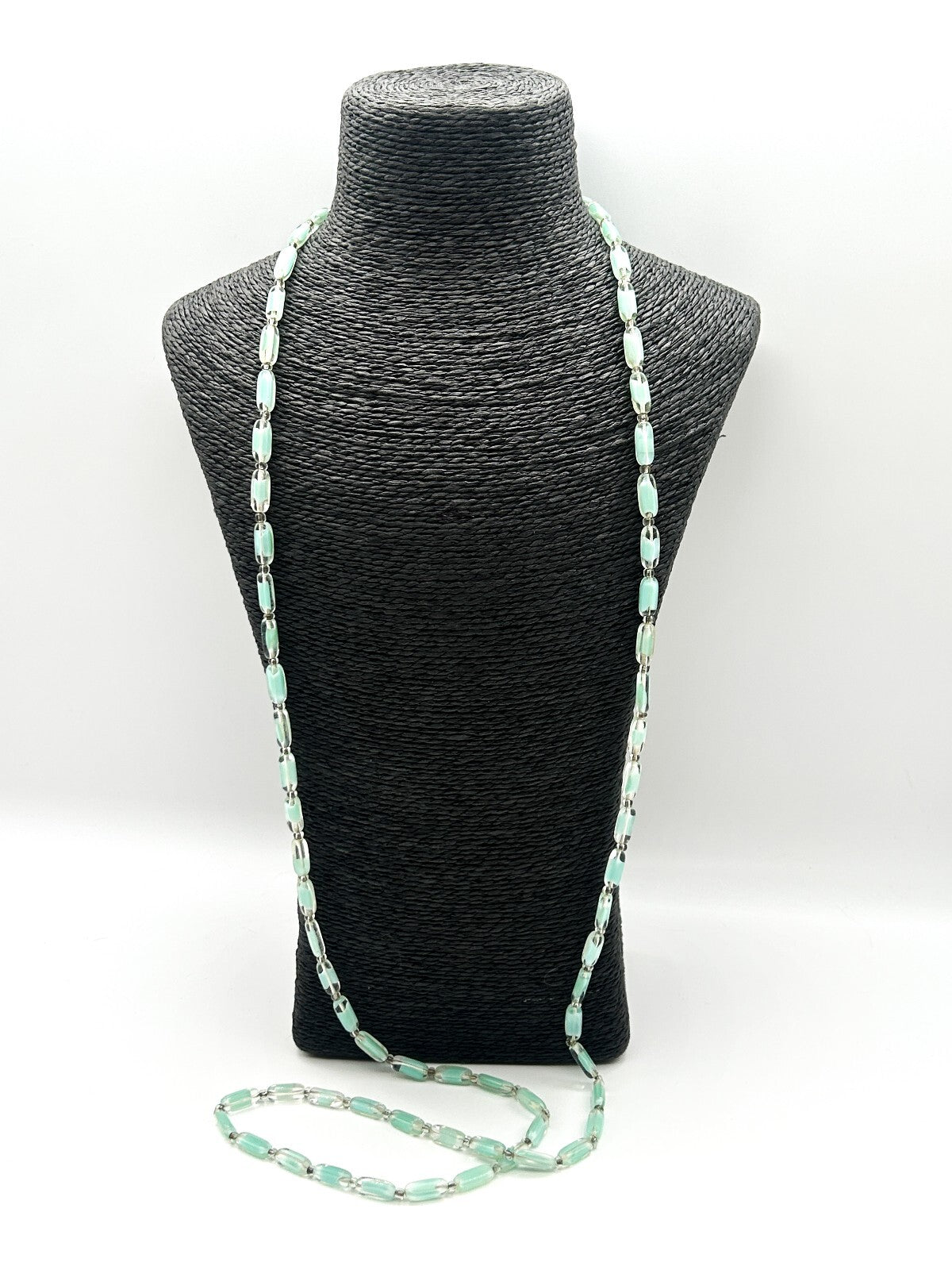 Vintage Czech Givre Glass Necklace Spearmint Blue Green Beads Long 23.5”