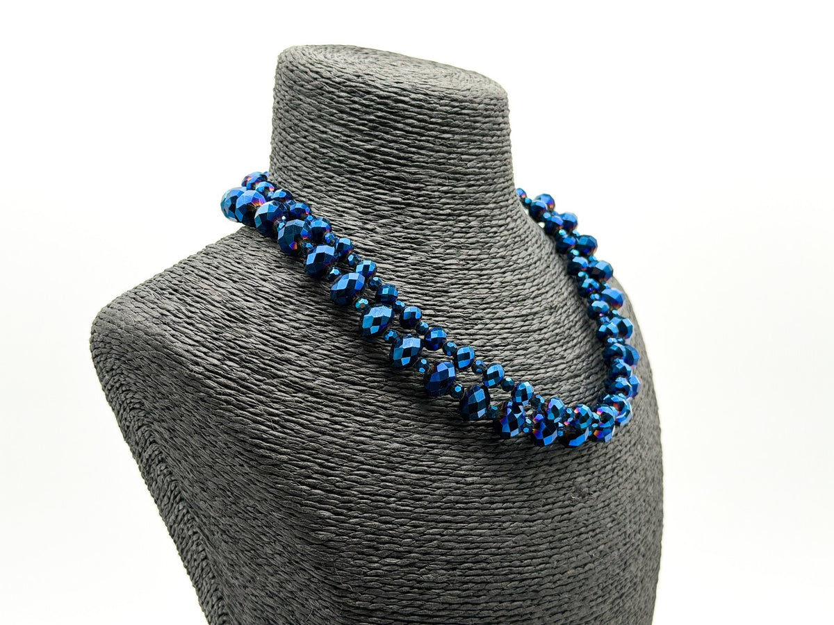 Multi Strand Blue Purple Iridescent Oil Slick Glass Beaded Necklace 925 Toggle