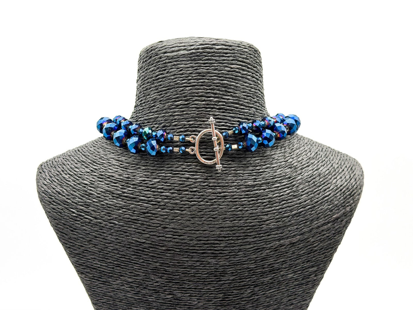 Multi Strand Blue Purple Iridescent Oil Slick Glass Beaded Necklace 925 Toggle