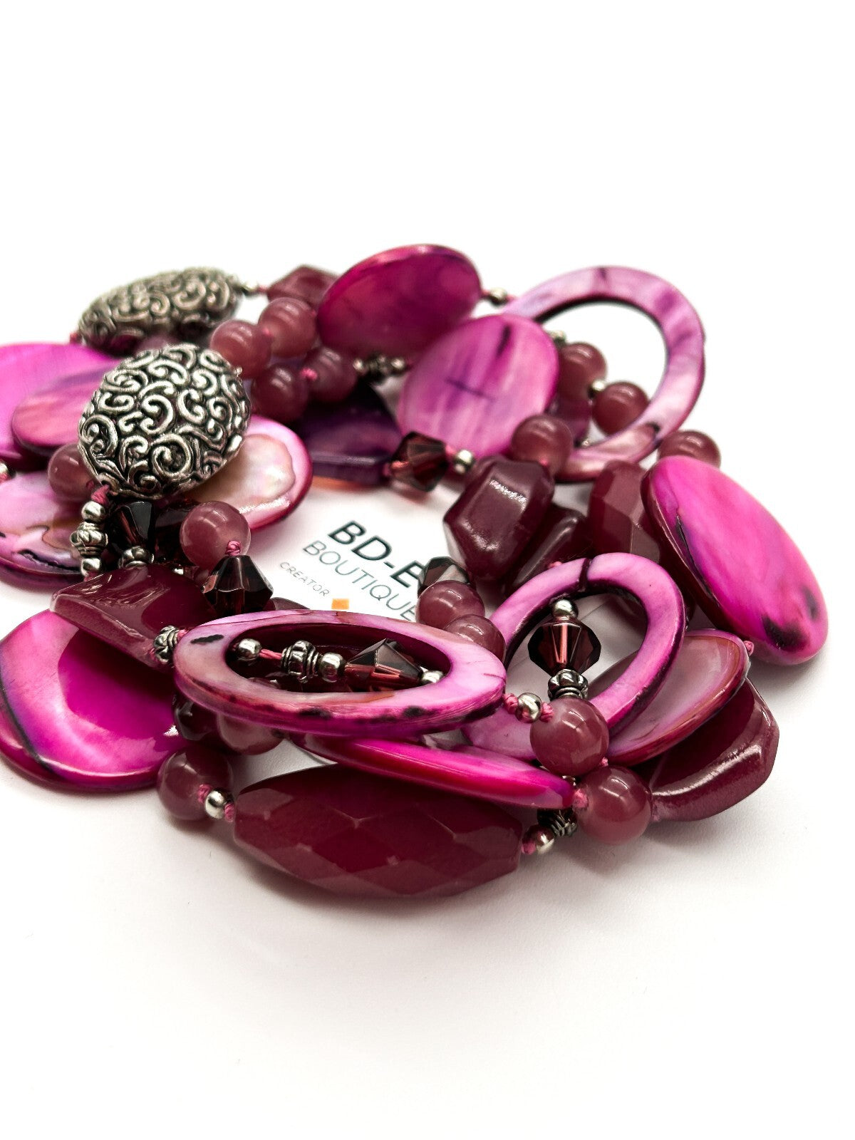 Hand Knotted Pink Shell Statement Necklace Magenta Purple Glass Boho