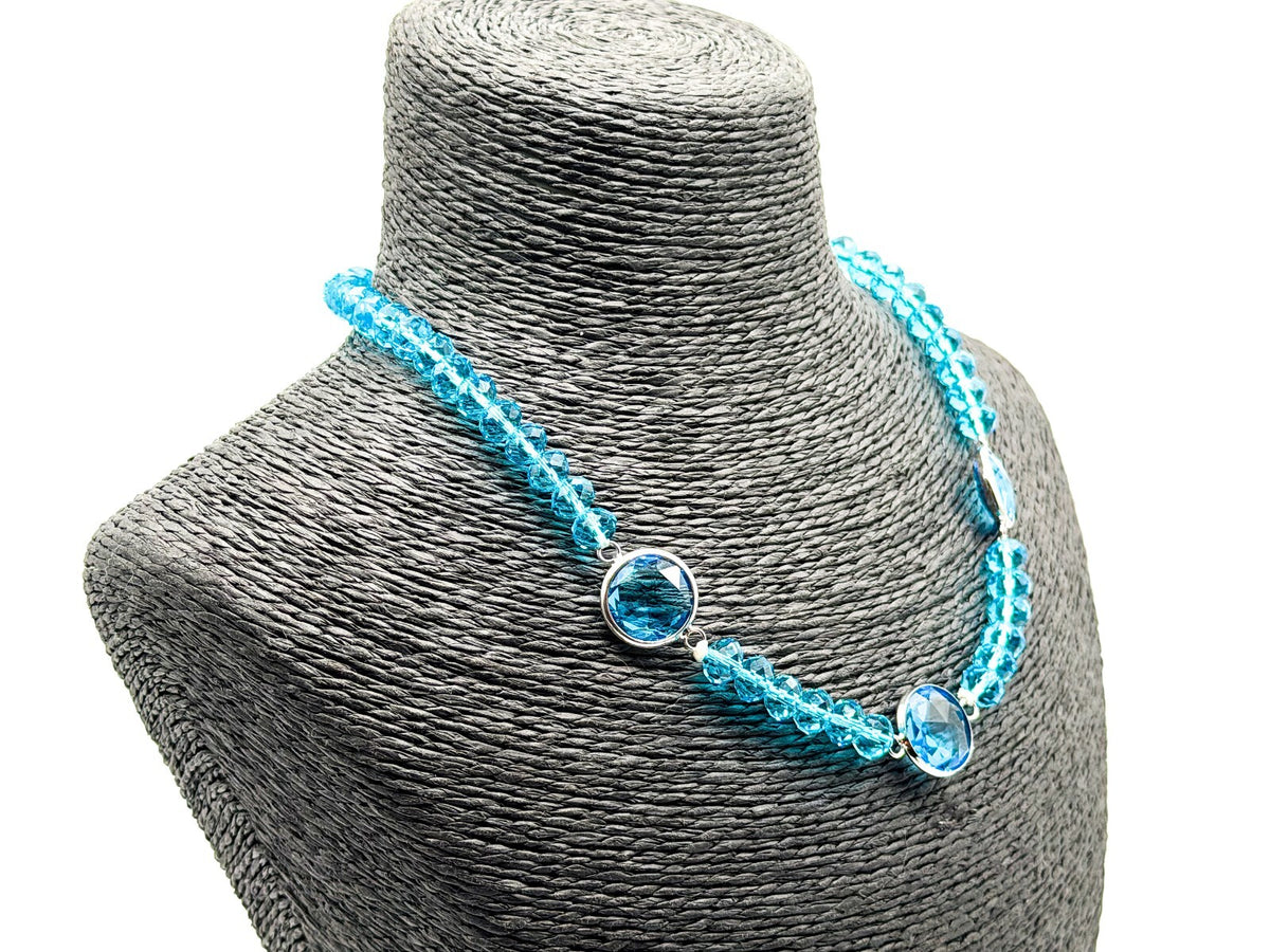 Turquoise Blue Faceted Glass Station Necklace Silver Tone Magnetic Clasp Holiday