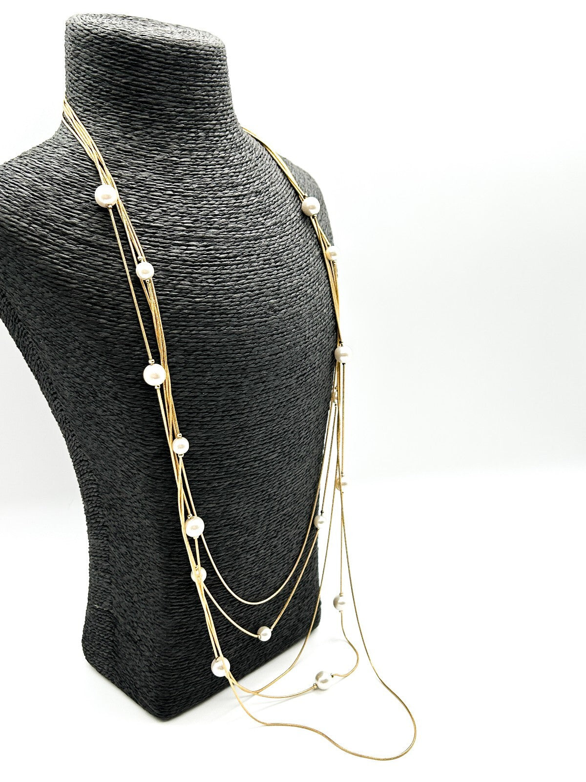 Vintage Gold Tone Multi Strand Snake Chain Necklace Faux Pearl Long Layered