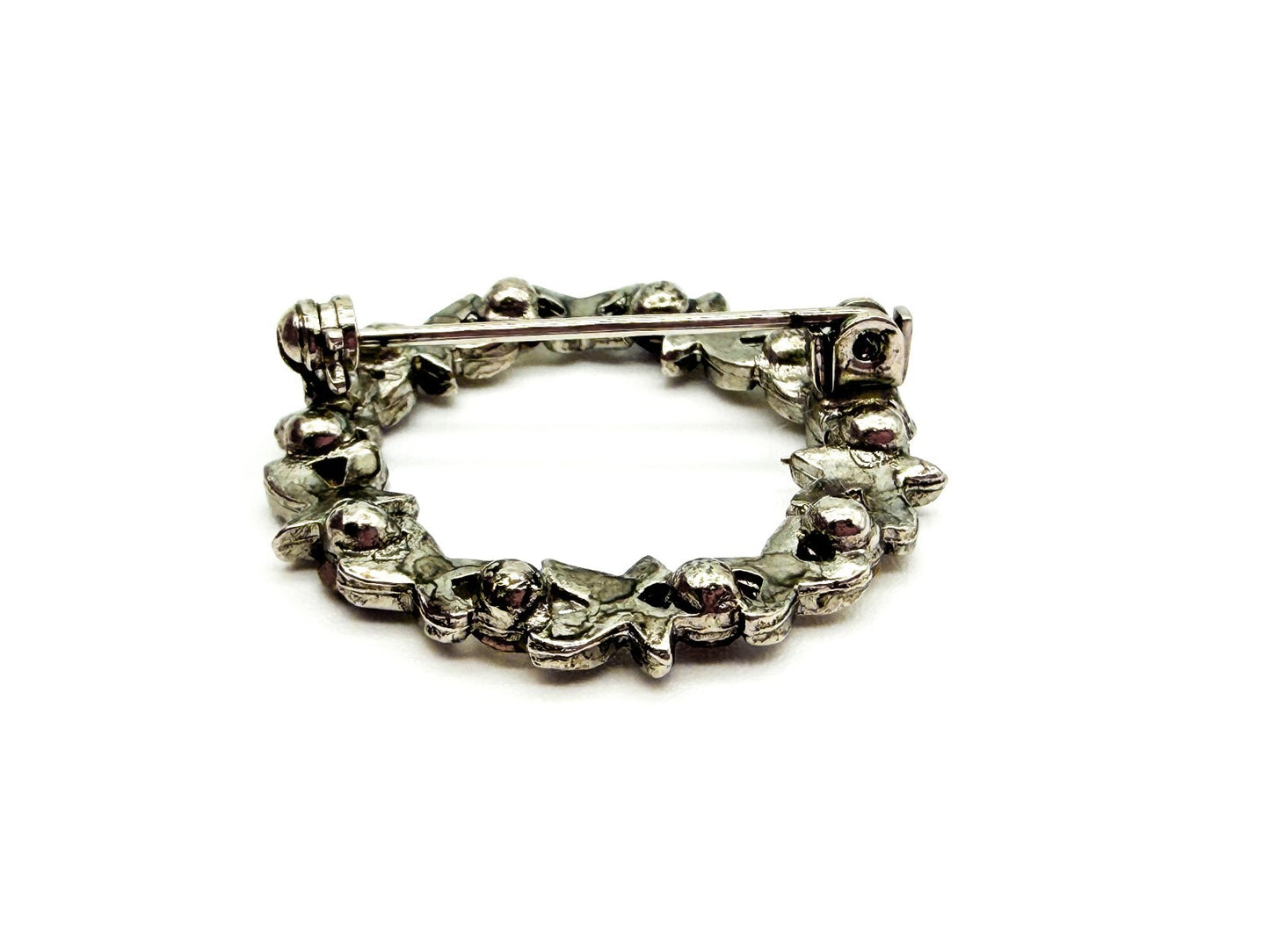 Vintage Purple & Clear Rhinestone Wreath Brooch Silver Tone Floral Pin