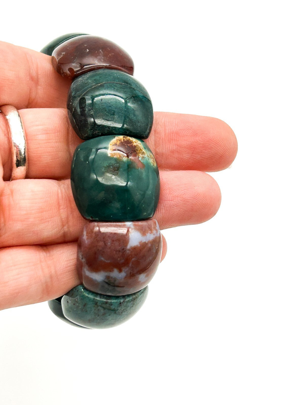 Chunky Bloodstone Jasper Stretch Bracelet Green Red Gemstone Elastic Bracelet