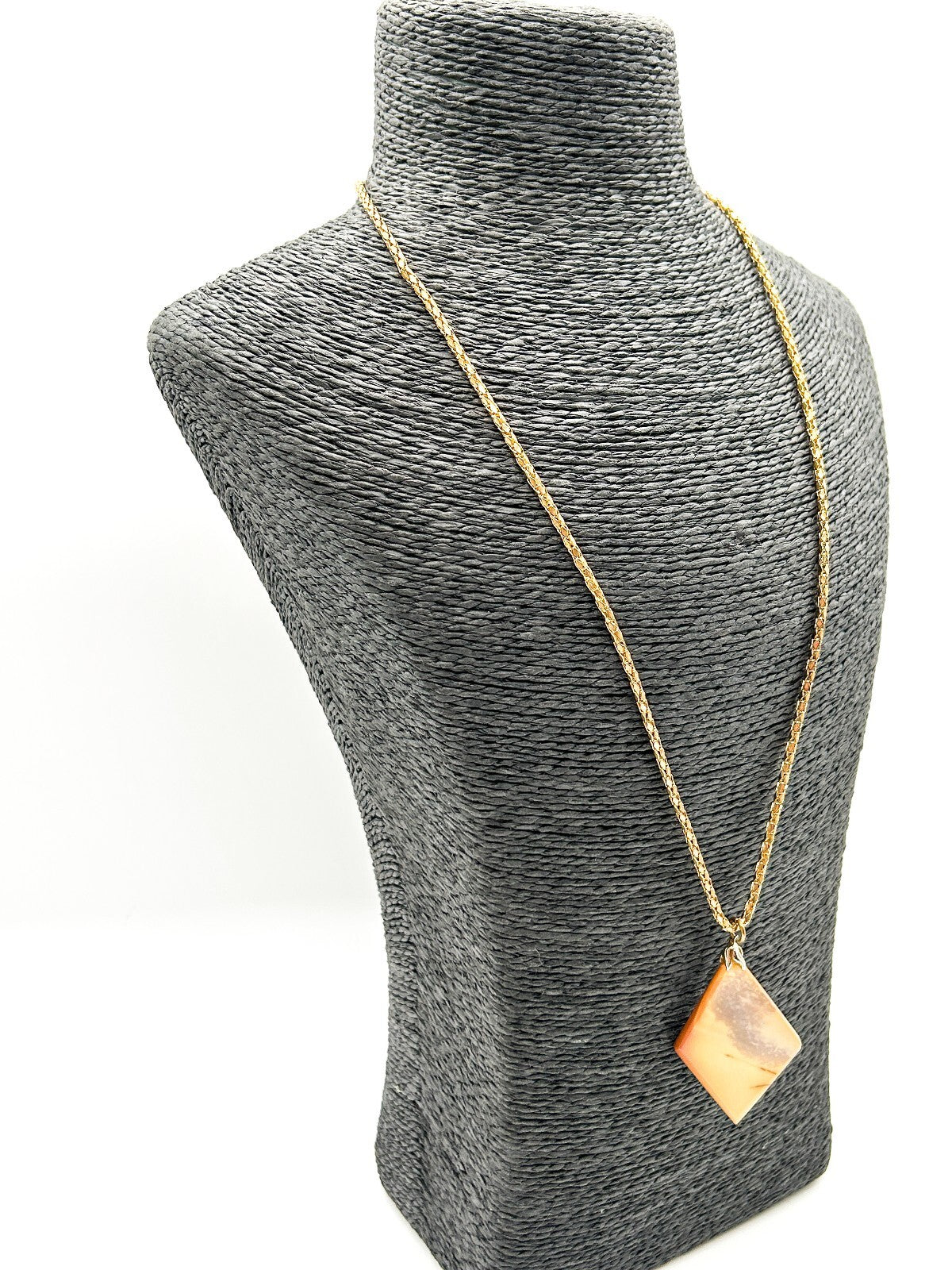 Vintage Polished Jasper Pendant Necklace Gold Tone Chain Natural Stone 25”