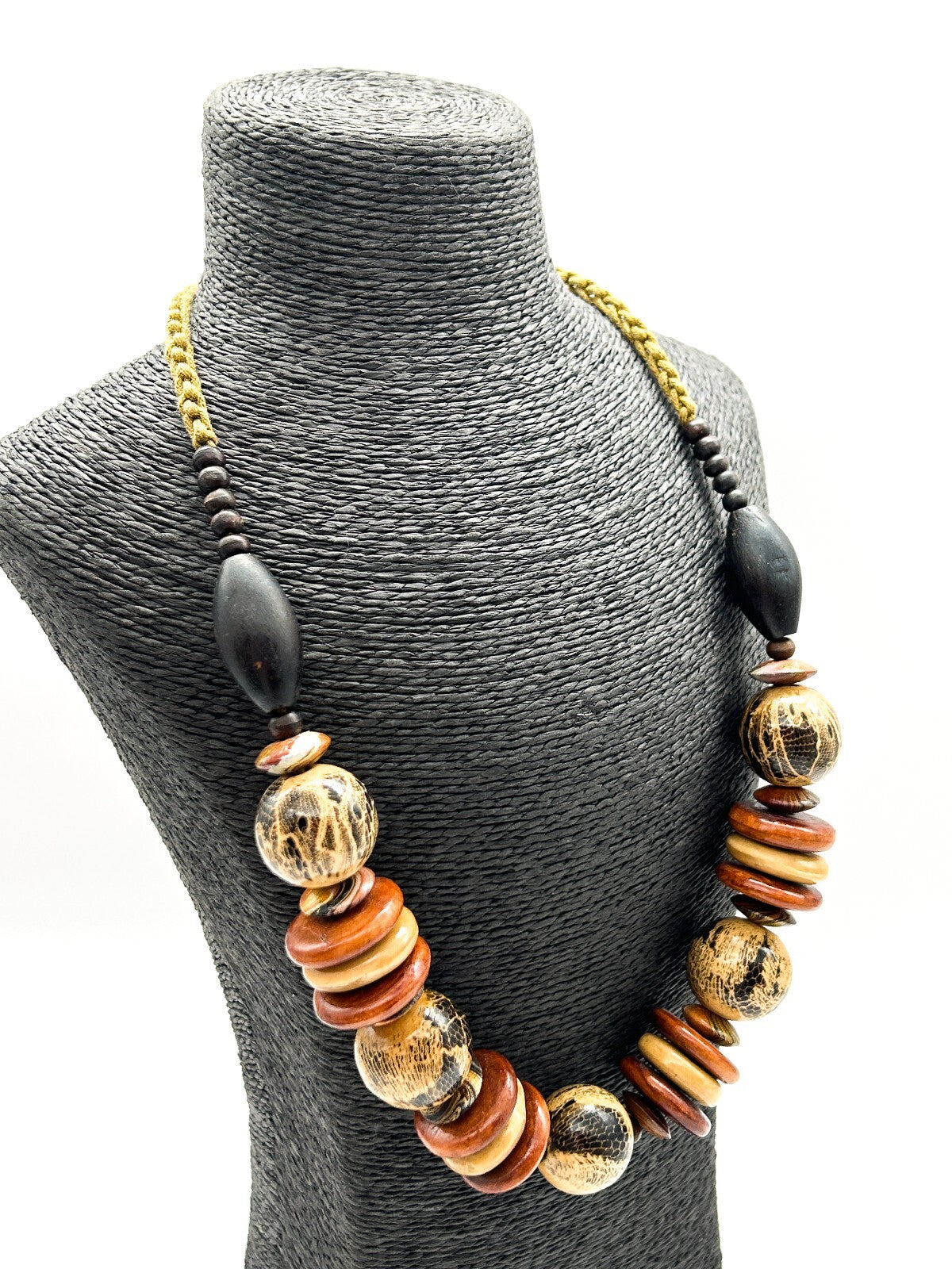 Vintage Chunky Wood Necklace Snakeskin Effect Beads Boho Statement 23”