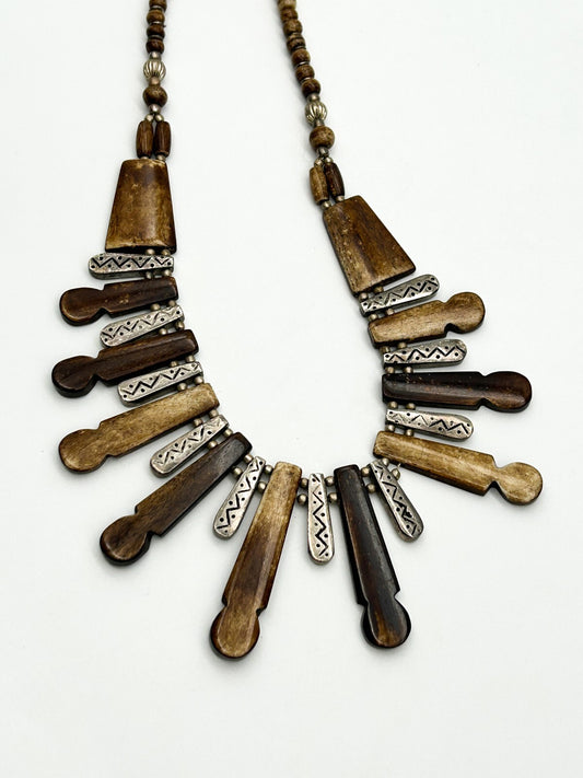 Vintage Boho Fringe Necklace Carved Organic Material Silver Tone Tribal Bib