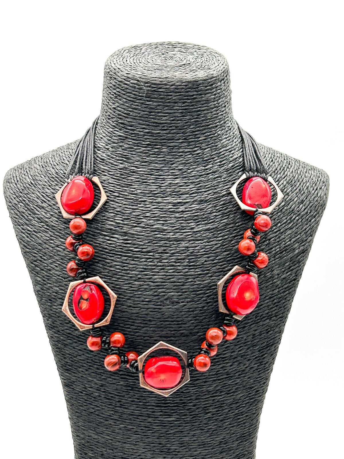 Chunky Red Coral Nugget Necklace Bronze Hexagon Beads Multi Strand Statement