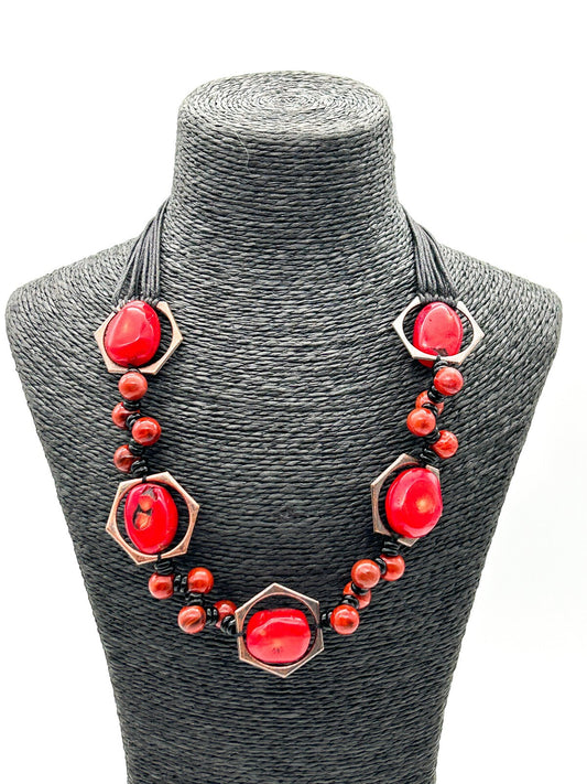 Chunky Red Coral Nugget Necklace Bronze Hexagon Beads Multi Strand Statement