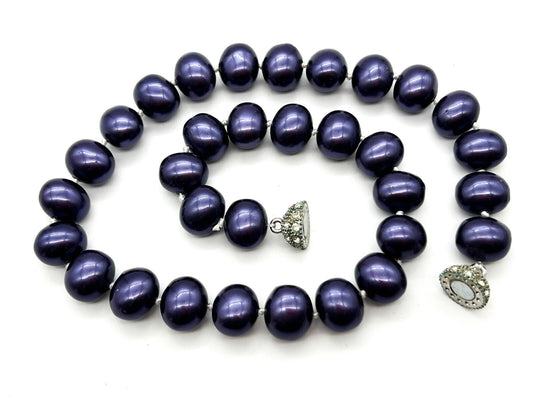 Vintage Chunky Purple Glass Faux Pearl Necklace Hand Knotted Magnetic Clasp