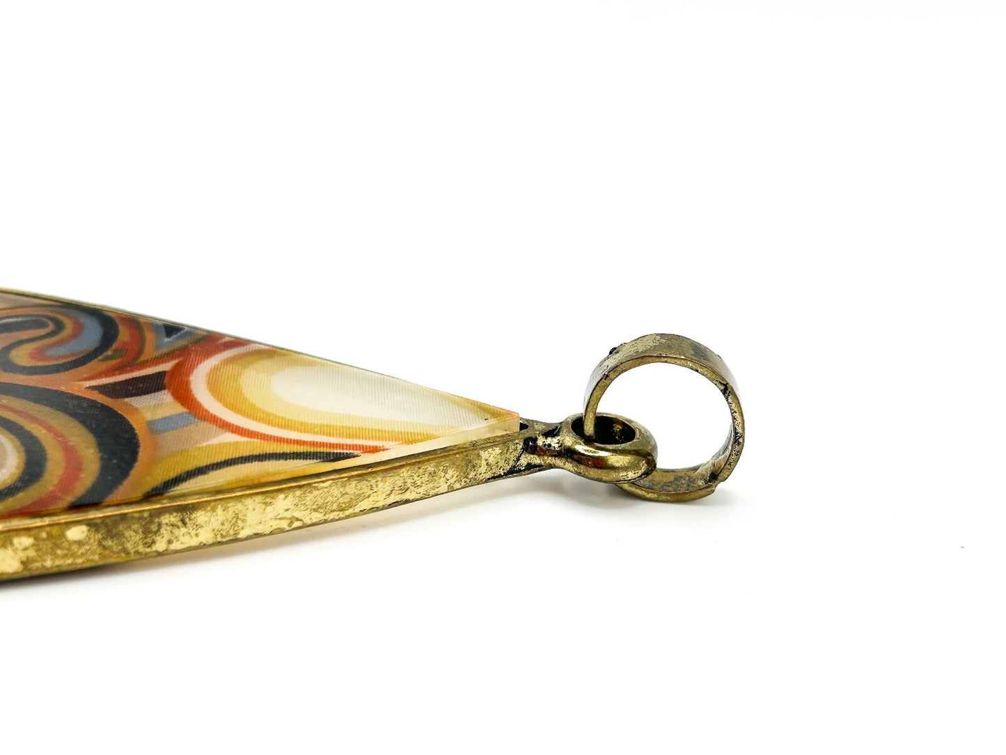 Large Retro 1970s Style Statement Pendant Orange Swirl Tassel Antique Gold Tone