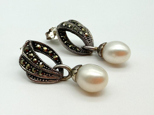 925 Sterling Silver Marcasite Pearl Drop Stud Earrings Vintage Art Nouveau Style