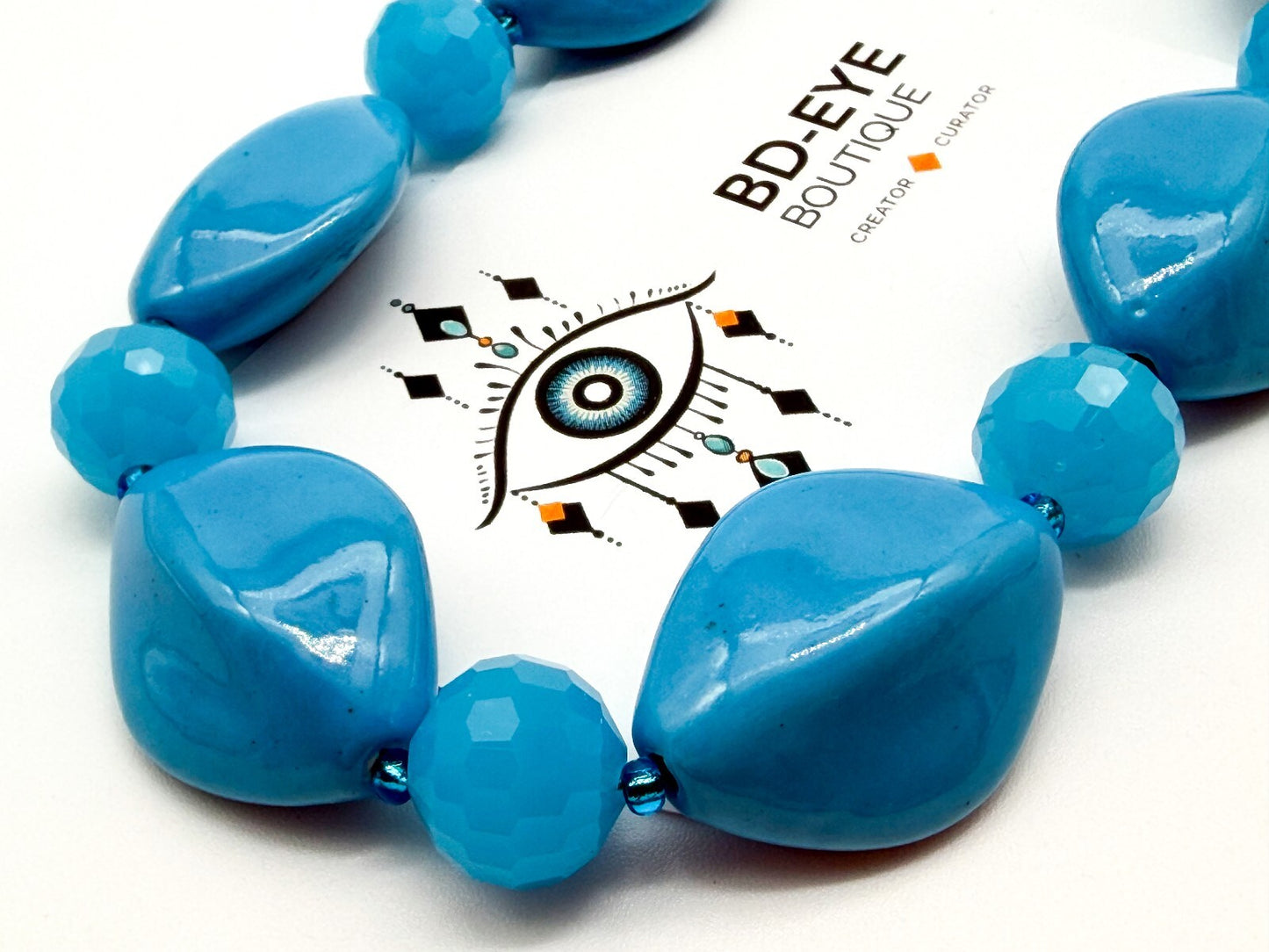 Blue Ceramic Glass Statement Necklace Sky Blue Toggle Clasp 20.5” Summer