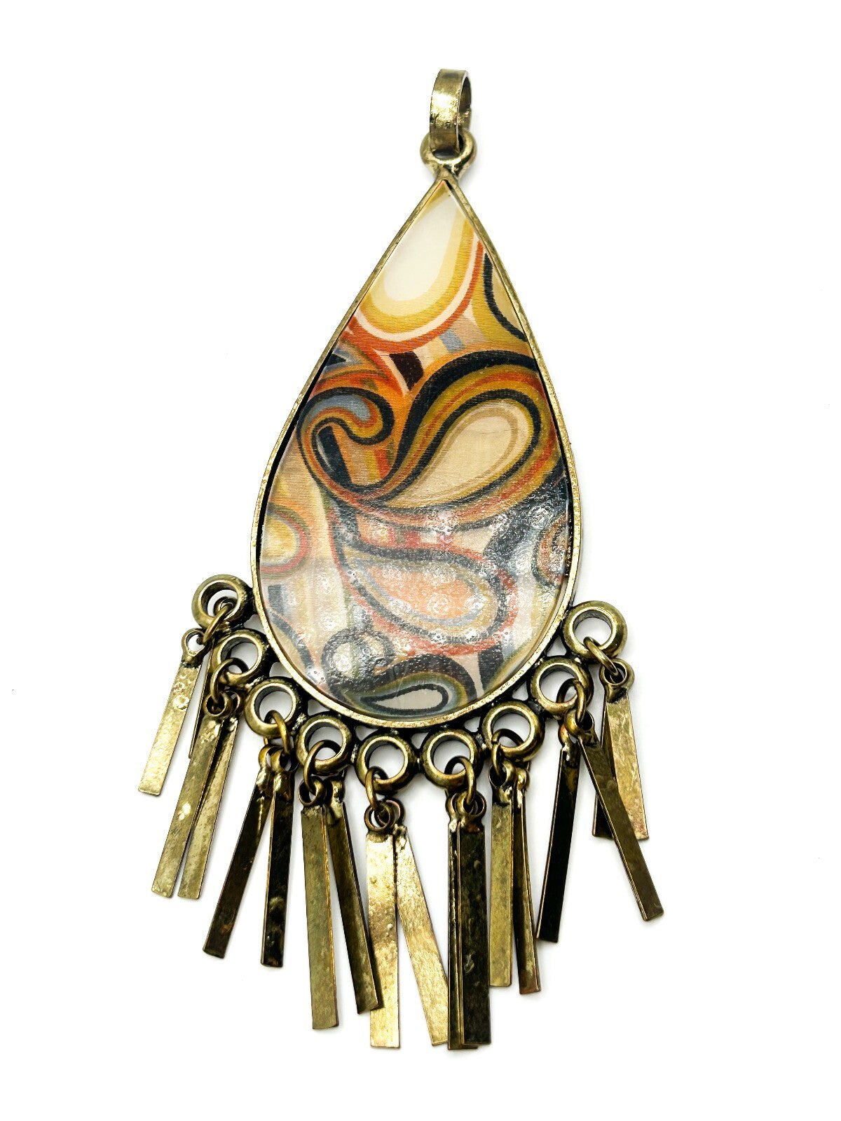 Large Retro 1970s Style Statement Pendant Orange Swirl Tassel Antique Gold Tone