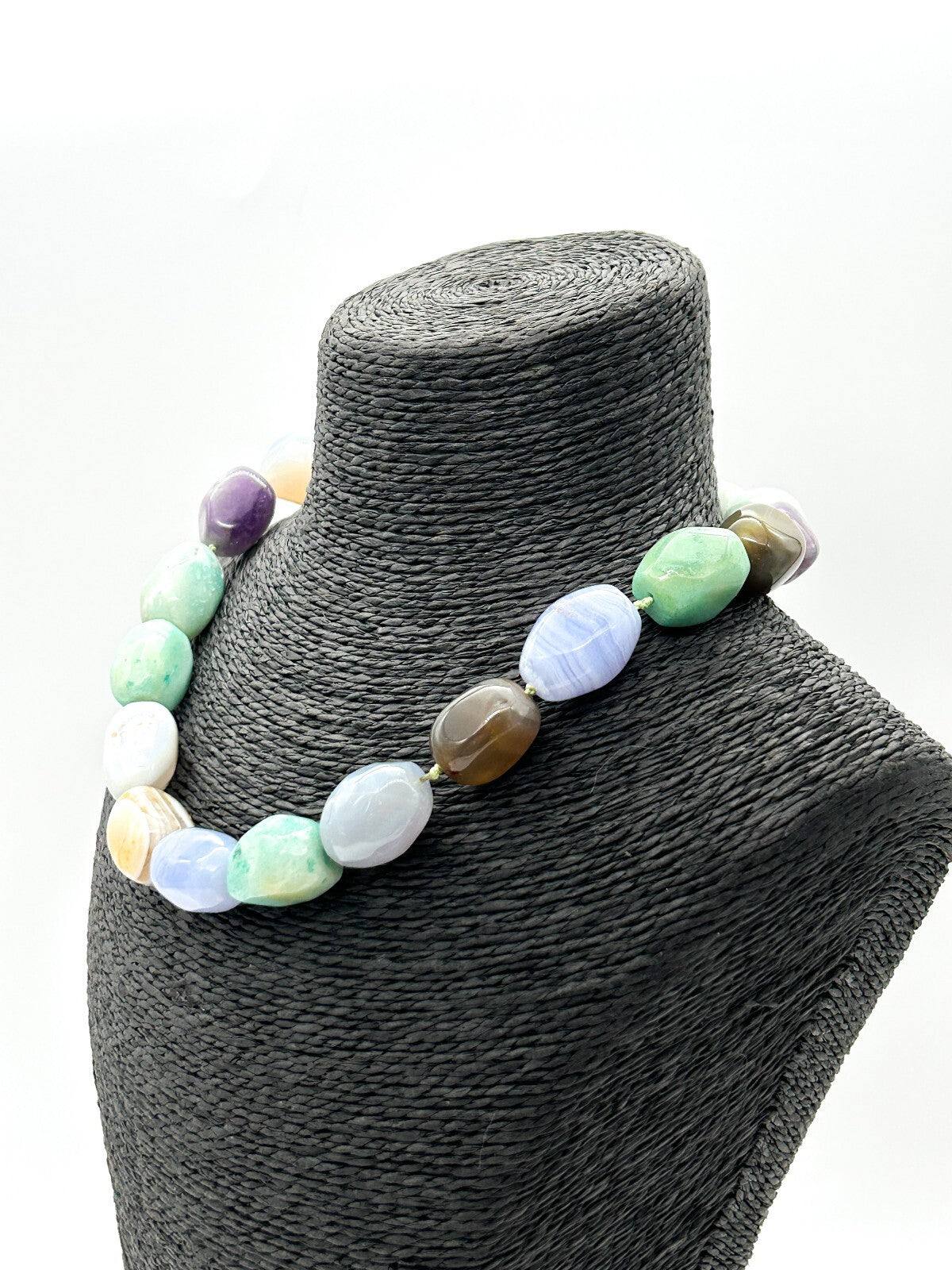 Chunky Semi Precious Gemstone Necklace Banded Agate Blue Lace Amethyst Calcite
