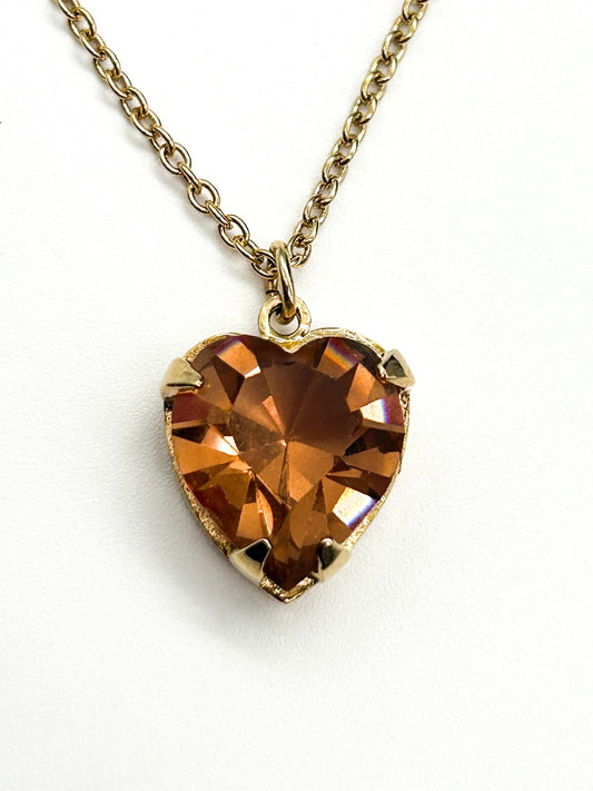 Vintage Gold Tone Smoky Amber Crystal Heart Pendant Necklace Faceted Glass 24”