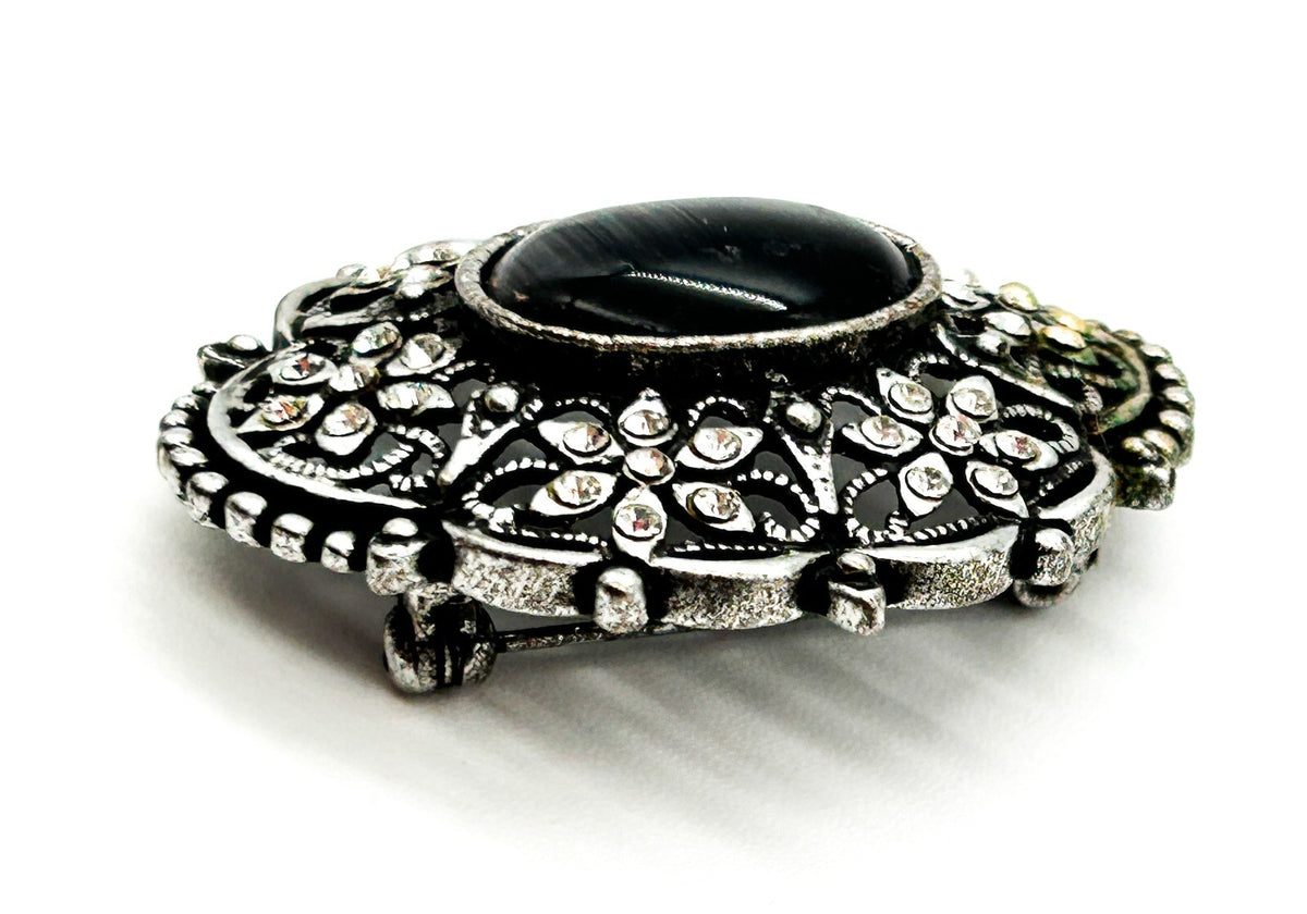 Vintage Style Ornate Cat’s Eye Brooch Grey Glass Cabochon Rhinestone Silver Tone