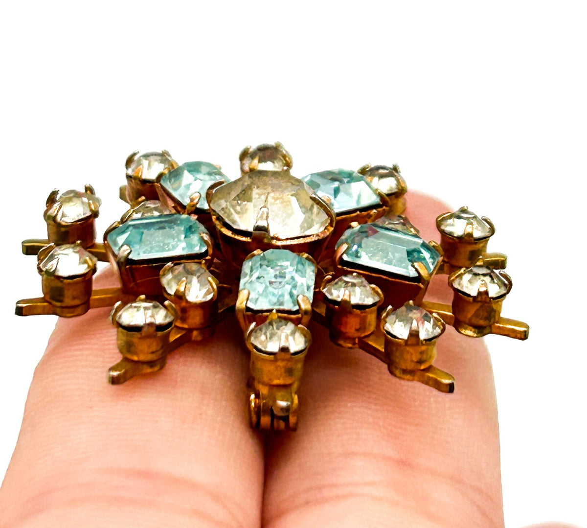 Vintage Blue Clear Rhinestone Starburst Brooch Gold Tone Atomic Snowflake Pin