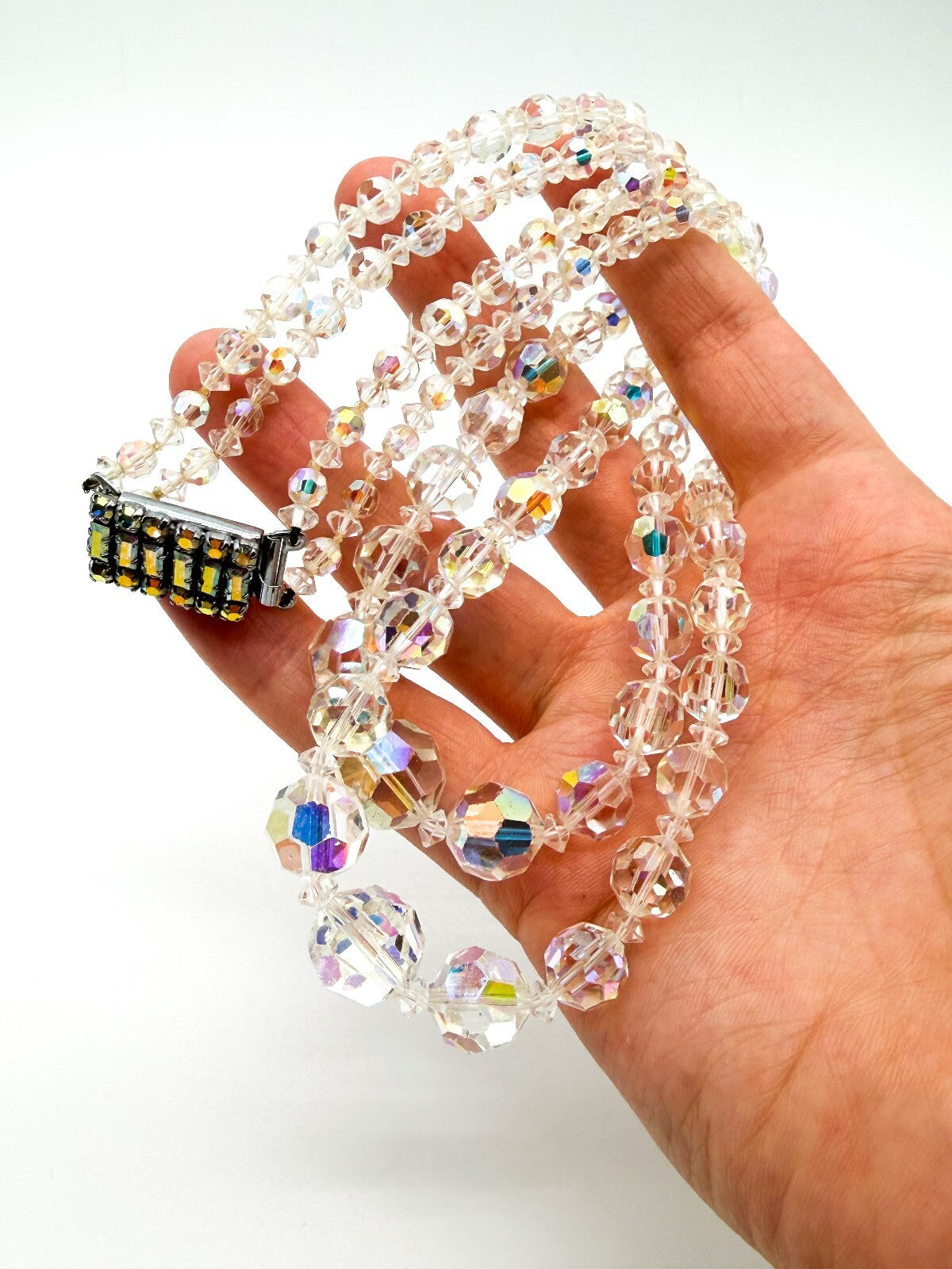 Vintage Aurora Borealis Crystal Necklace 2 Strand AB Glass Rhinestone Clasp 19"