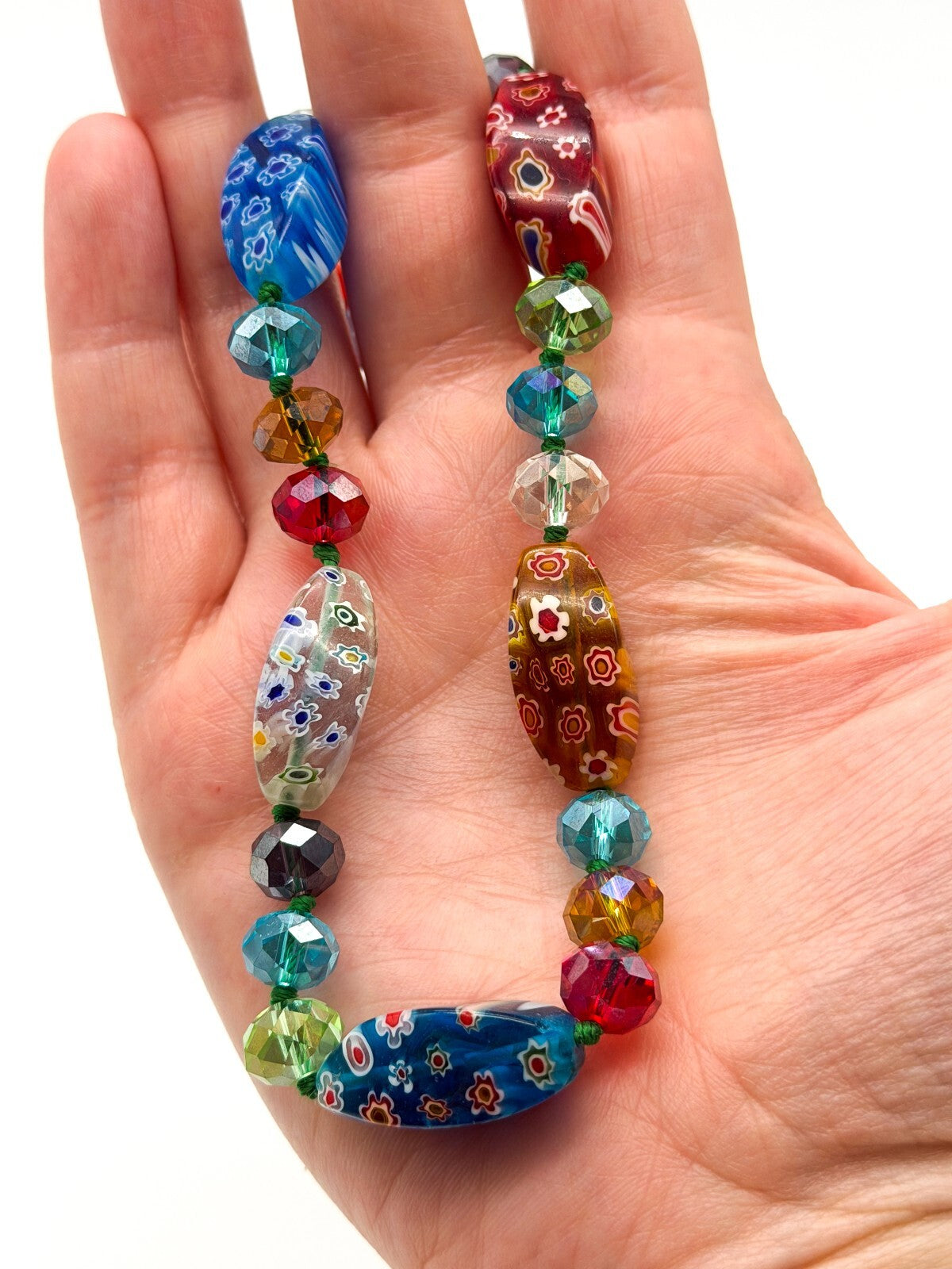 M&S Millefiori Art Glass Necklace Hand Knotted Faceted Glass Floral Beads 17”