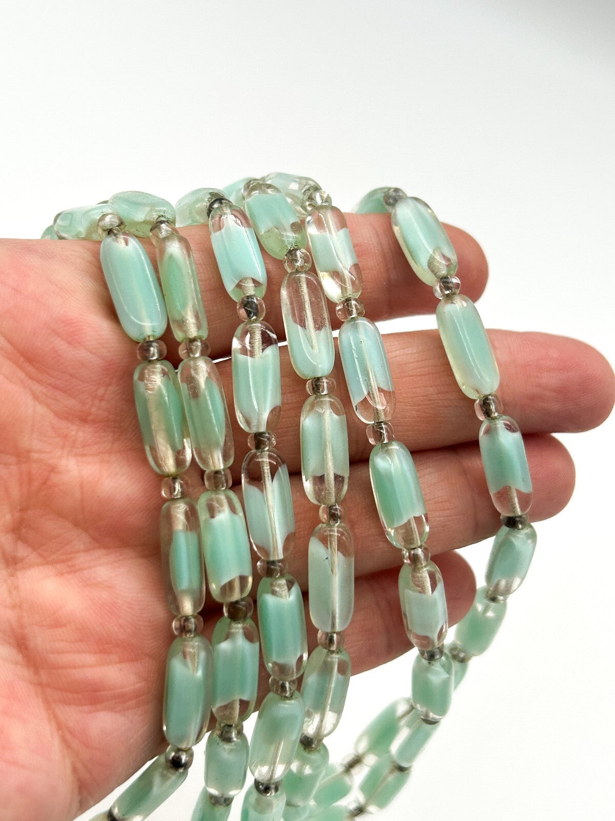 Vintage Czech Givre Glass Necklace Spearmint Blue Green Beads Long 23.5”