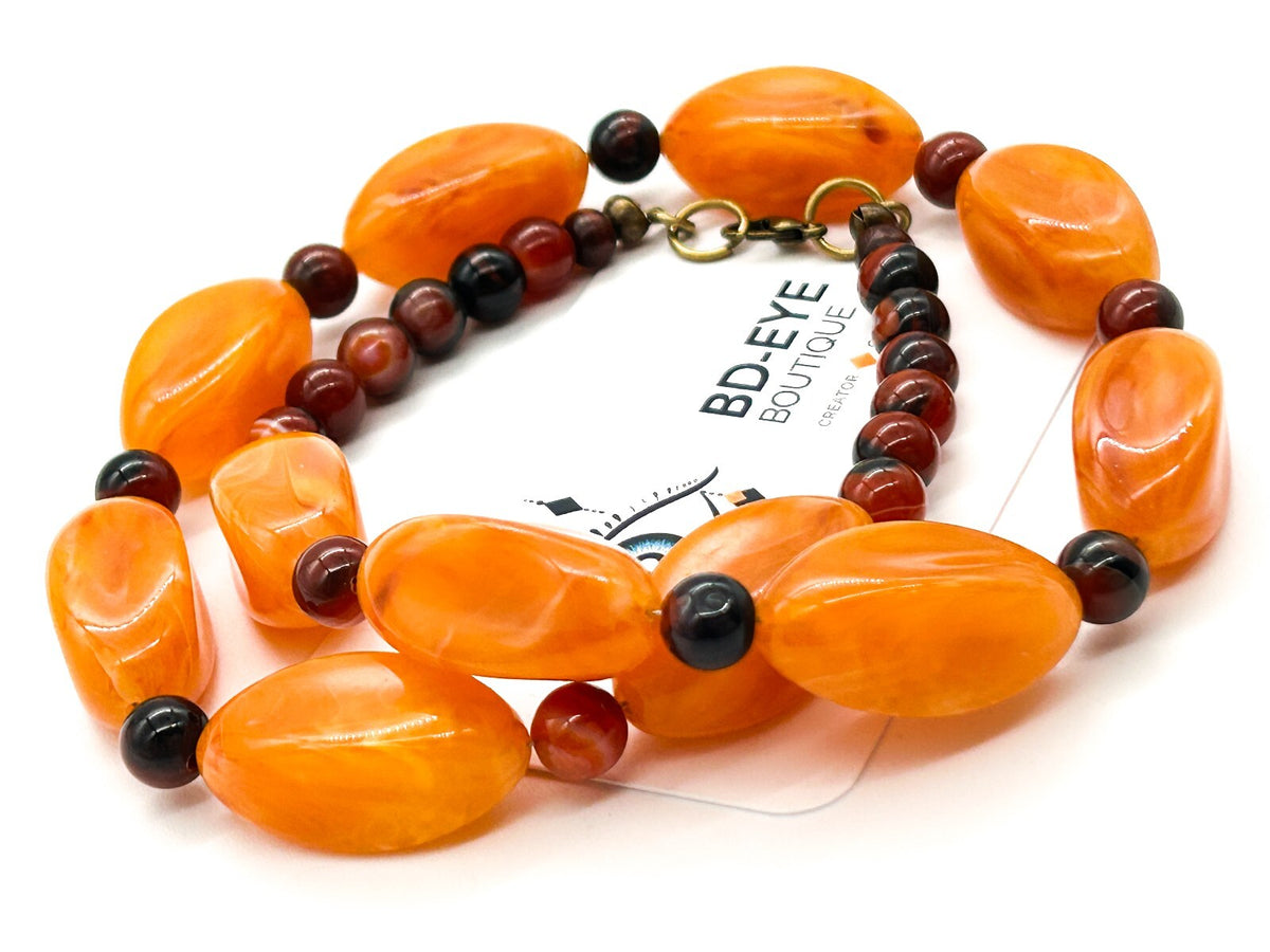 Orange Lucite Banded Agate Beaded Necklace Chunky Boho Statement 21.5”