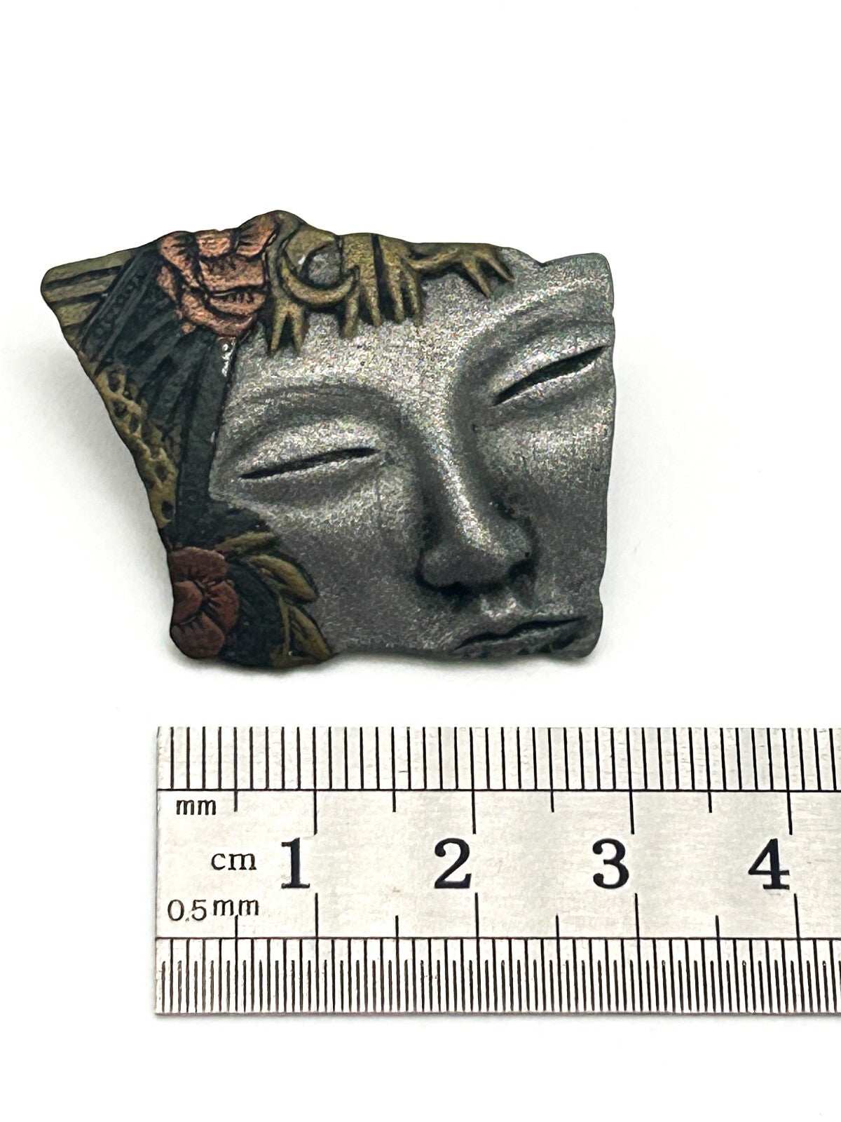 Vintage Pewter Face Brooch Floral Flower Headdress Oriental Pin Abstract Art
