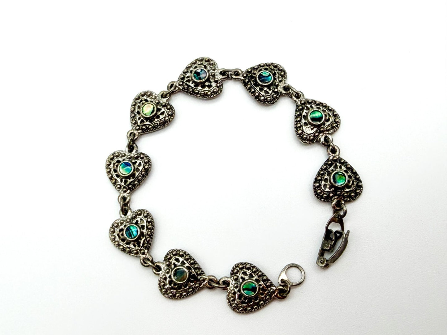 Vintage Abalone Shell Ornate Love Heart Panel Link Bracelet Silver Tone 7”